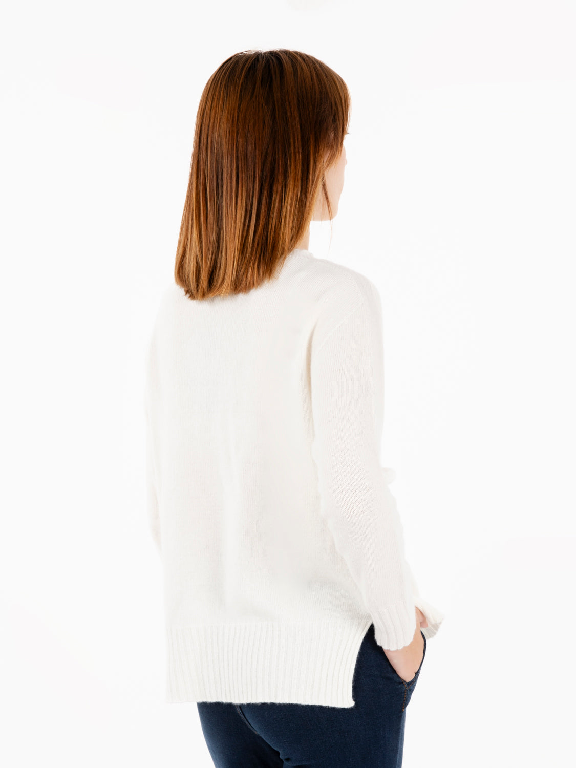 White crew neck sweater with side slits