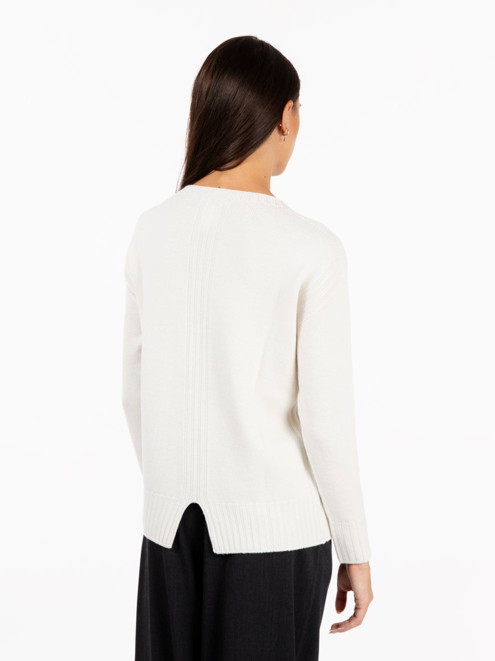 White crew neck sweater with back slit
