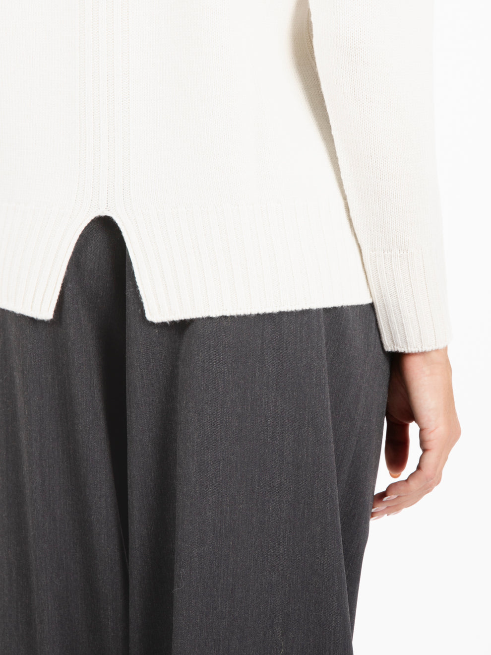 White crew neck sweater with back slit