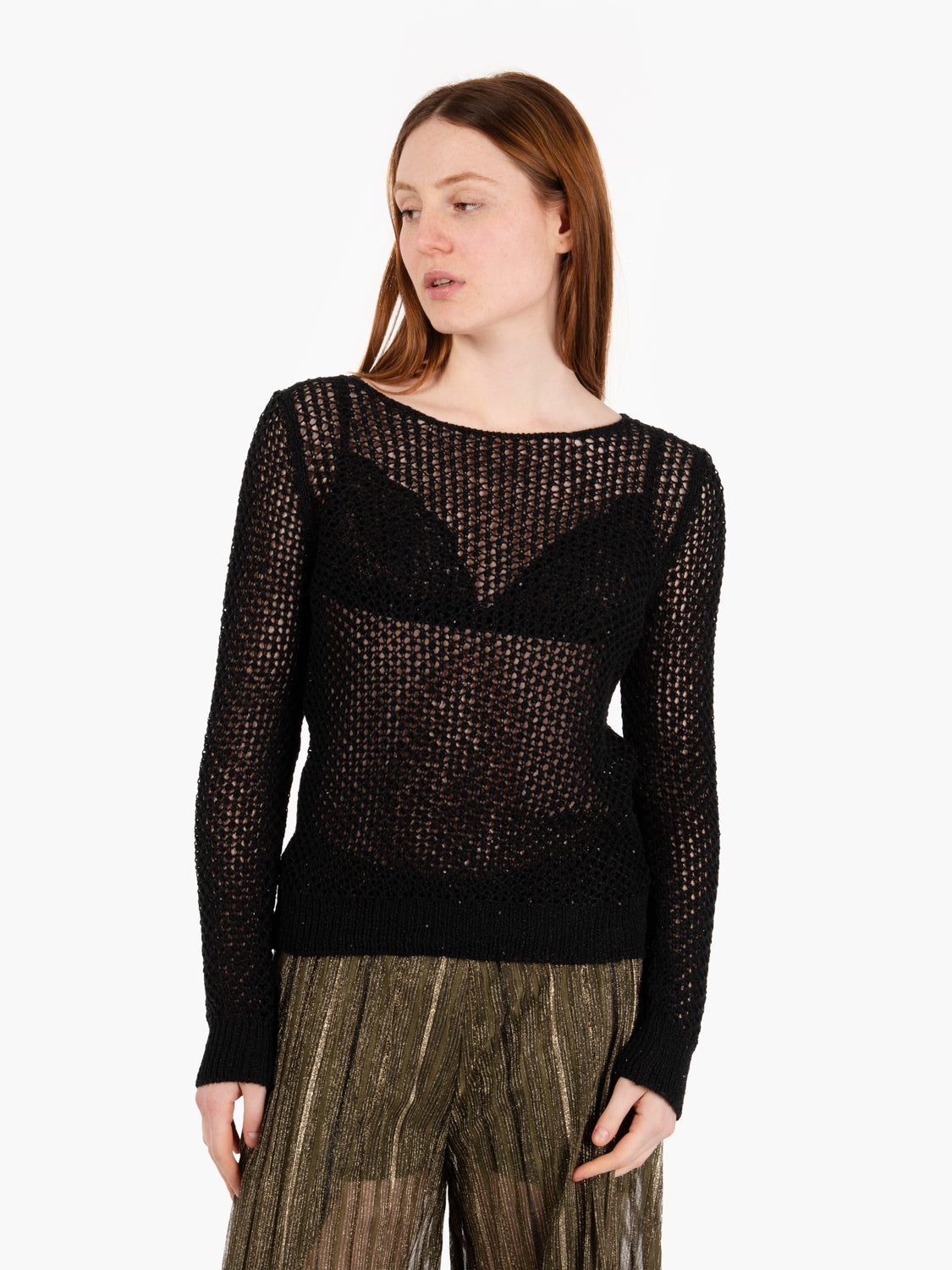 Black micro sequin perforated crew neck sweater