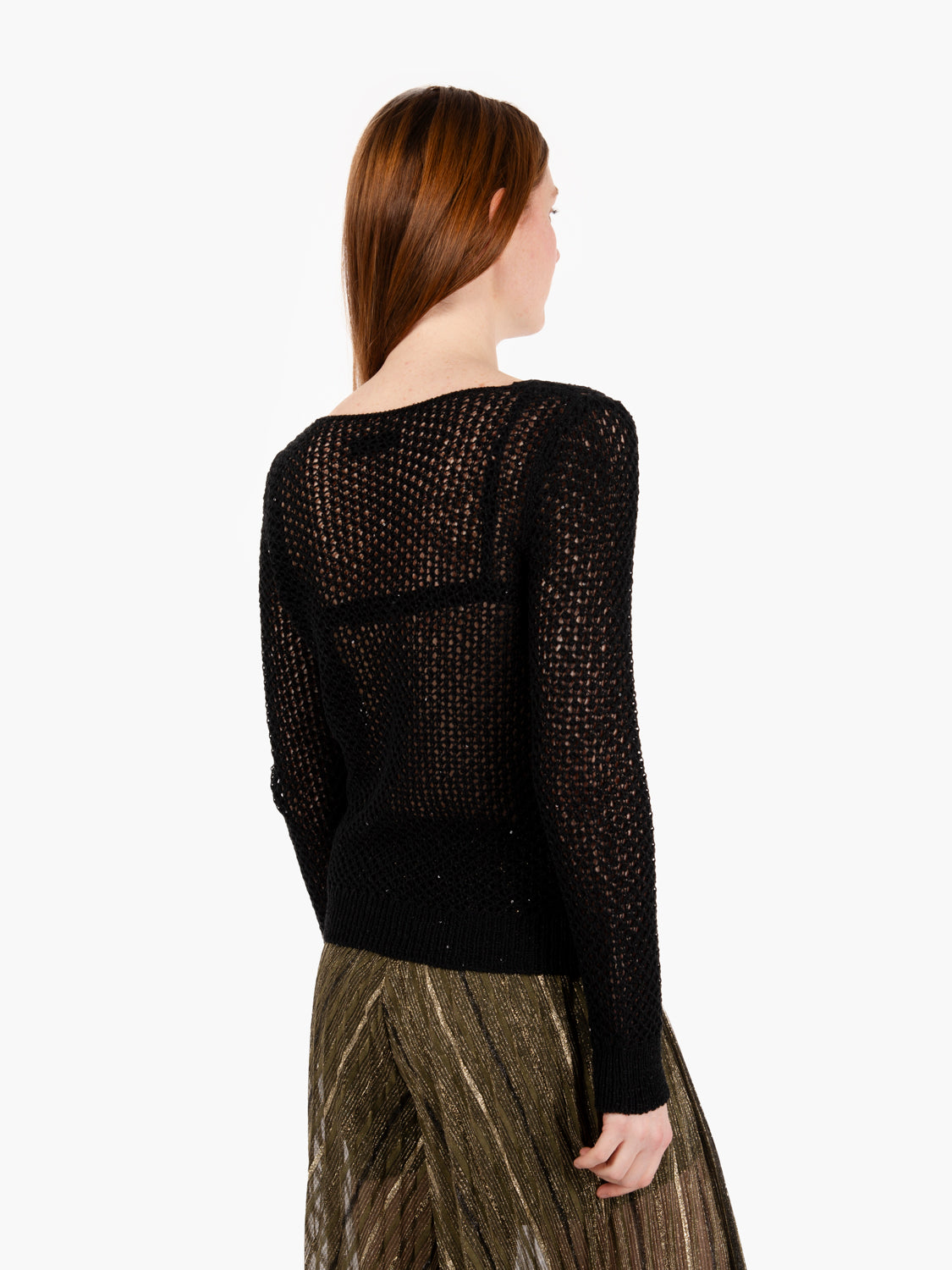 Black micro sequin perforated crew neck sweater