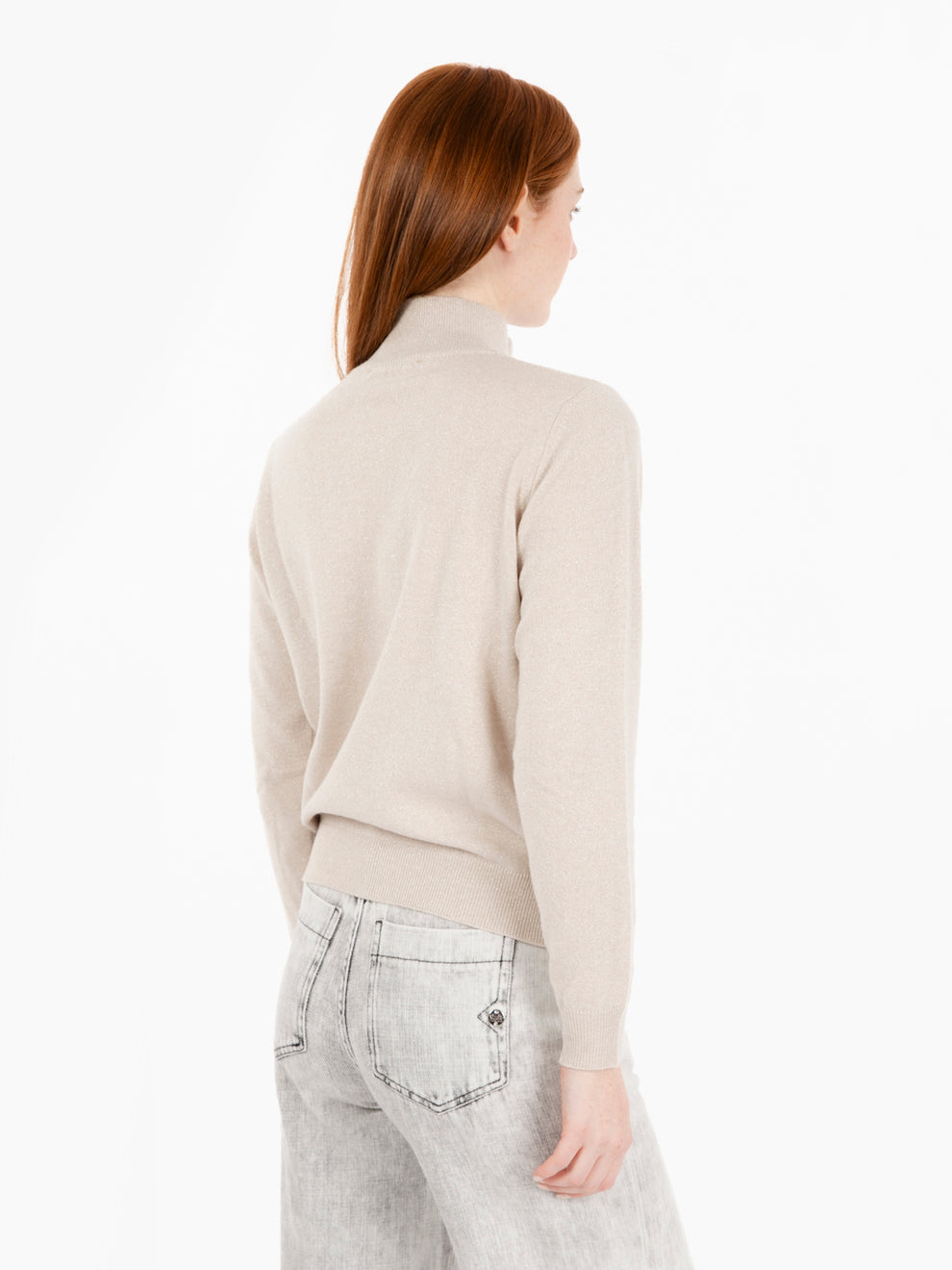 Beige lurex sweater with zip and pockets