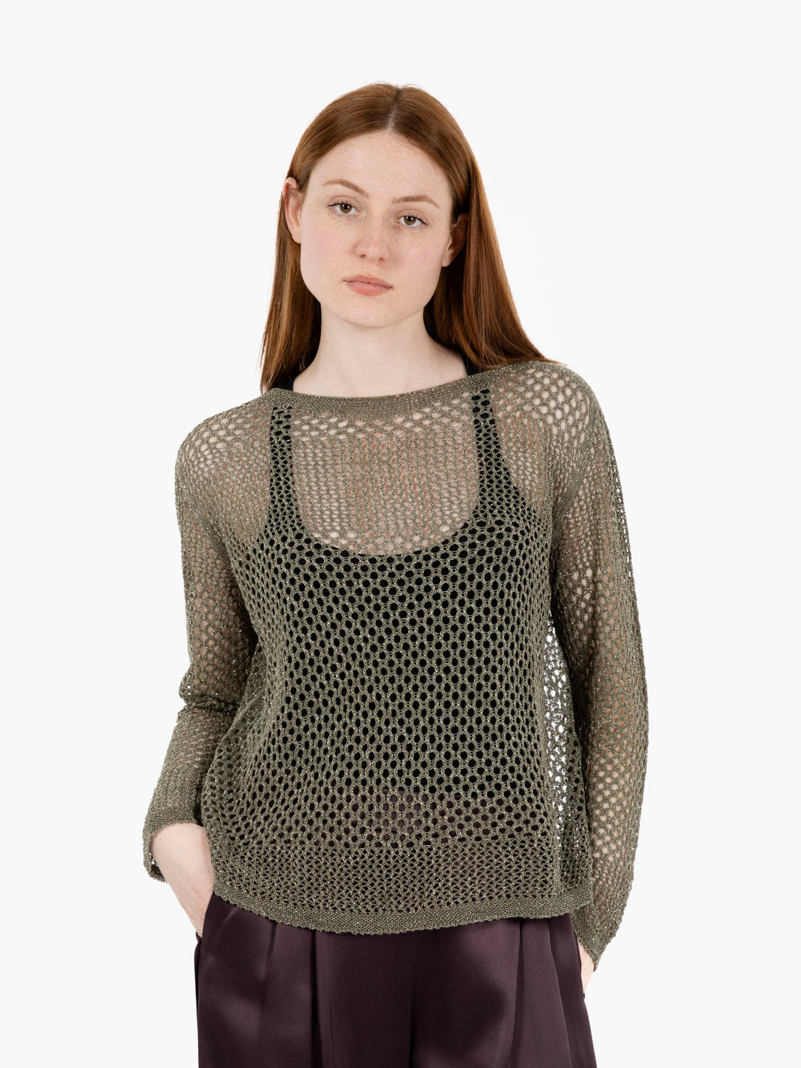 Maglia traforata filo lurex verde militare
