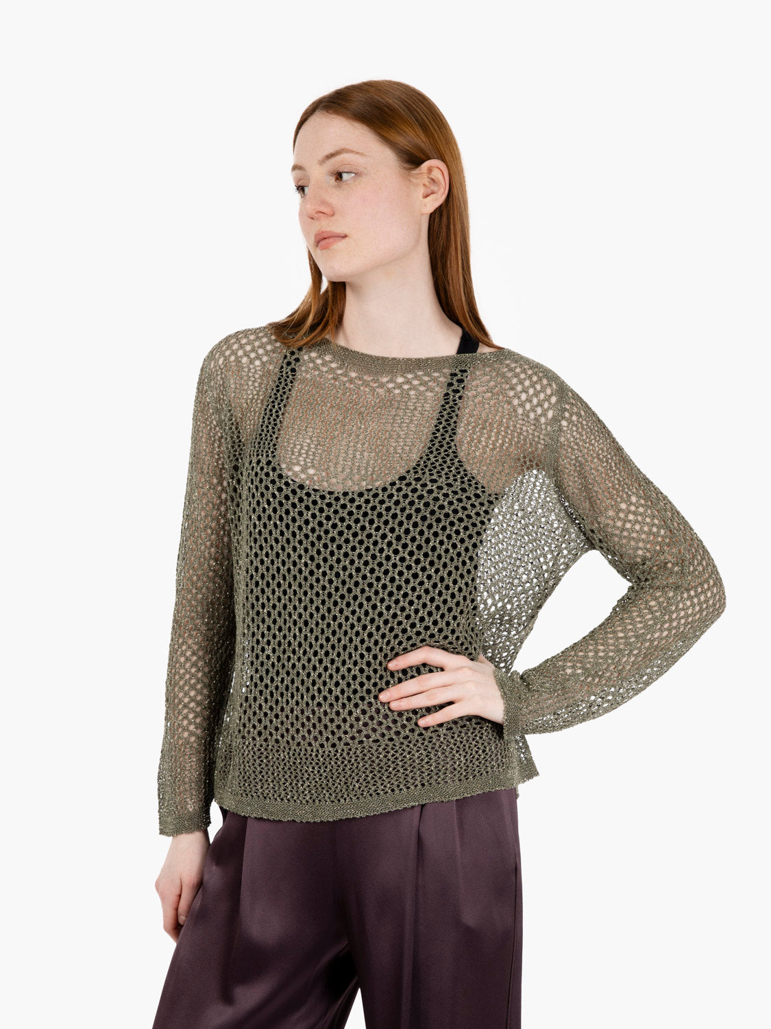 Maglia traforata filo lurex verde militare