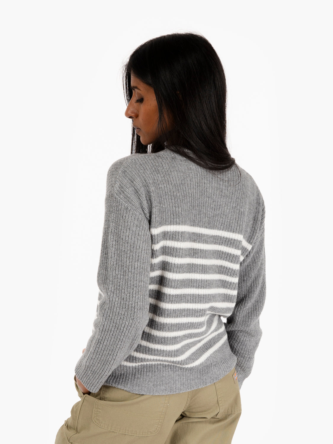 Grey/white striped crew neck sweater