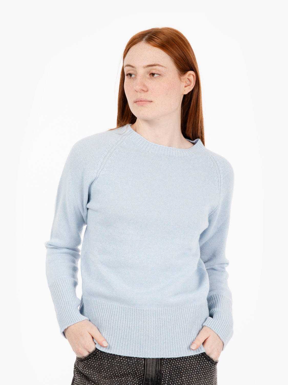 Crewneck sweater with blue lurex inserts