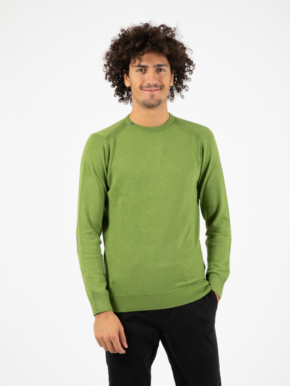 Lime green crew neck sweater with patches
