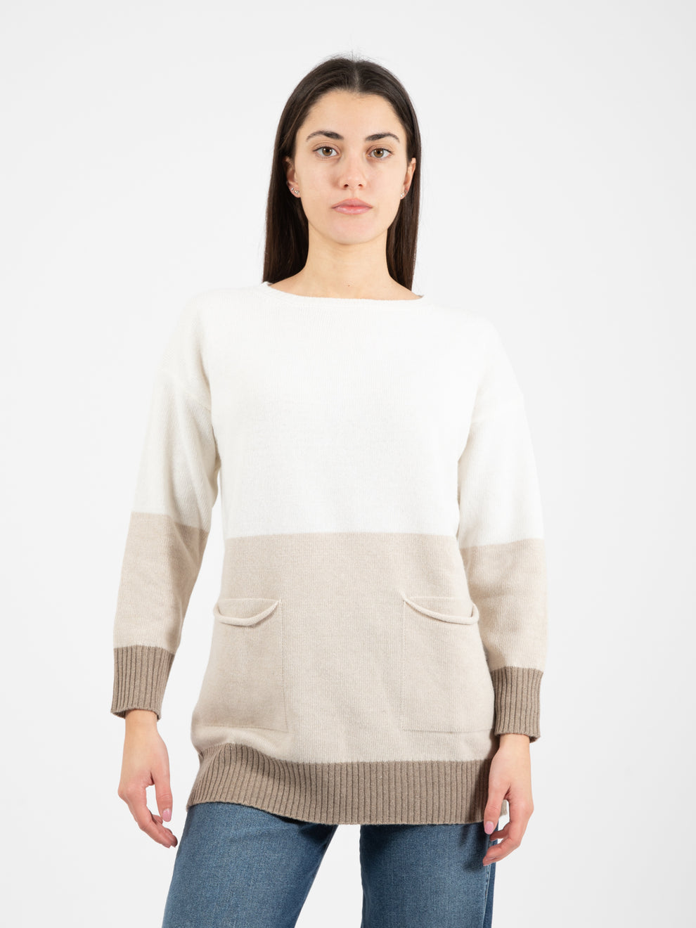 Long two-tone sweater cream / camel