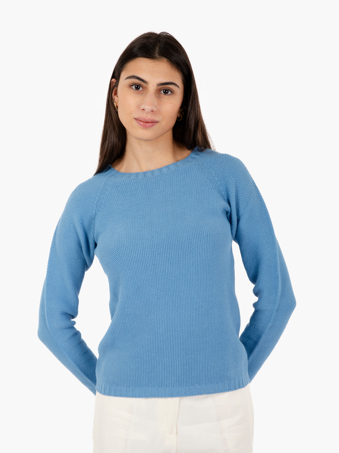 Light blue boat neck rice stitch sweater