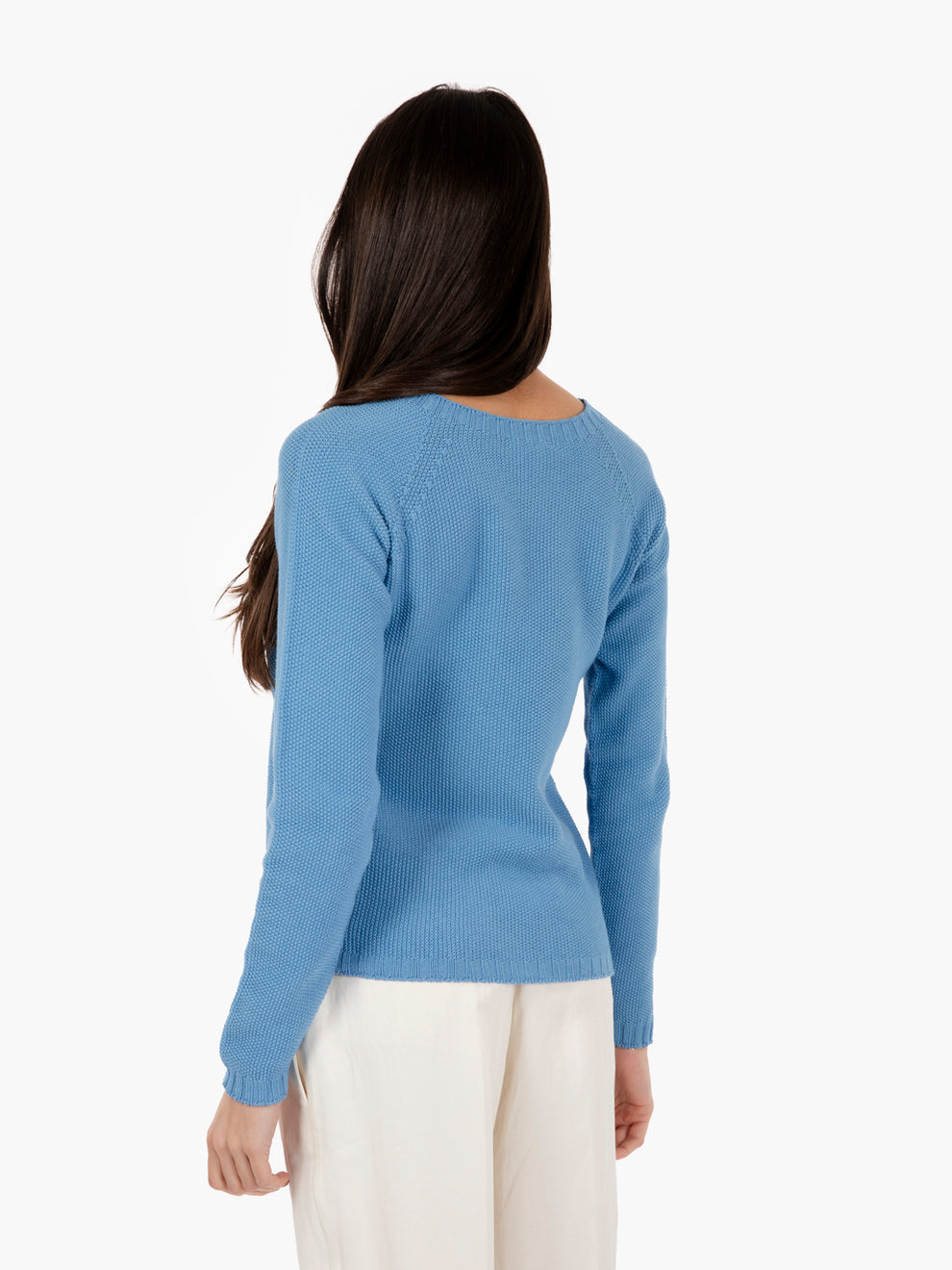 Light blue boat neck rice stitch sweater