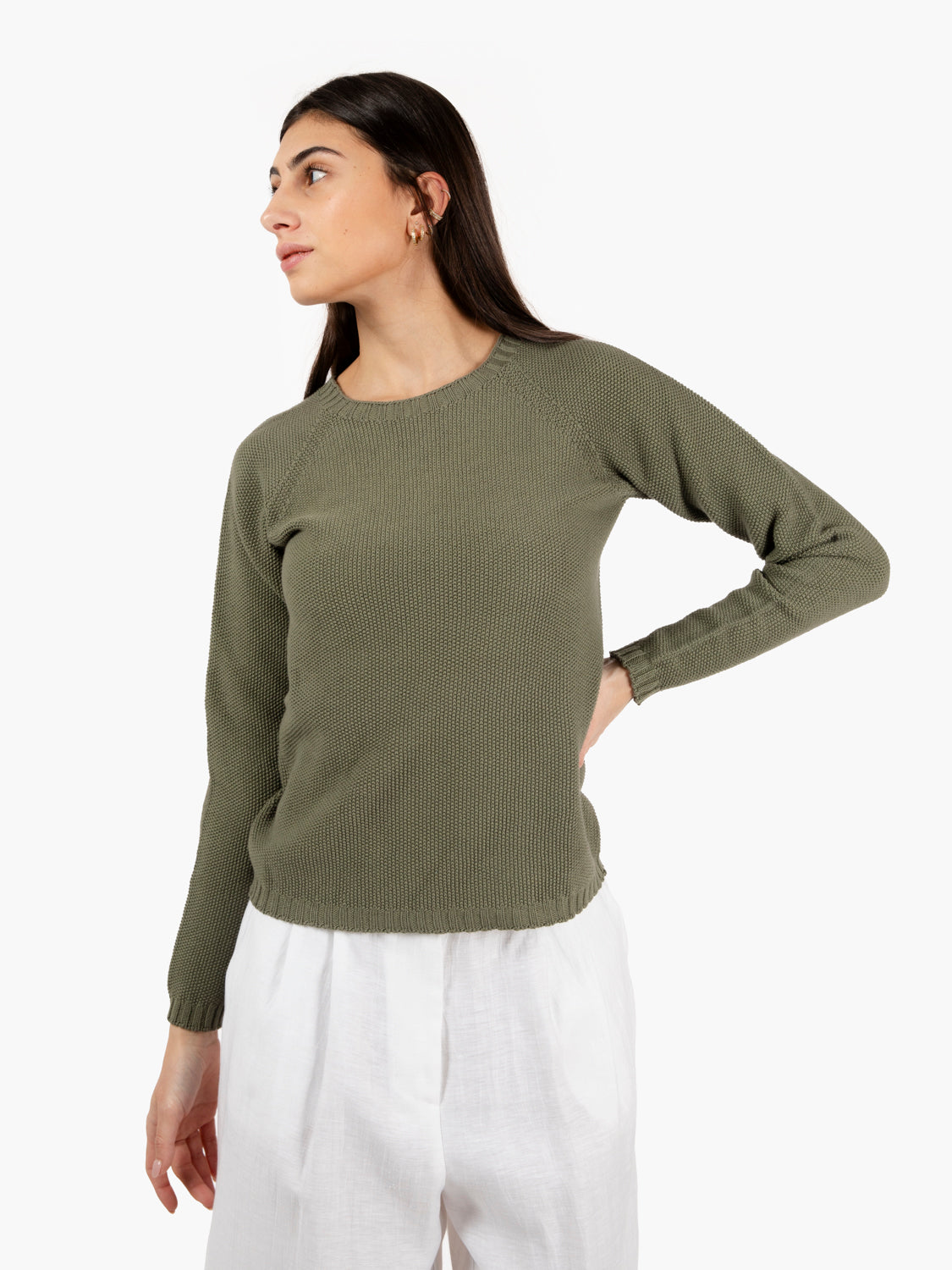 Military green boat neck rice stitch sweater