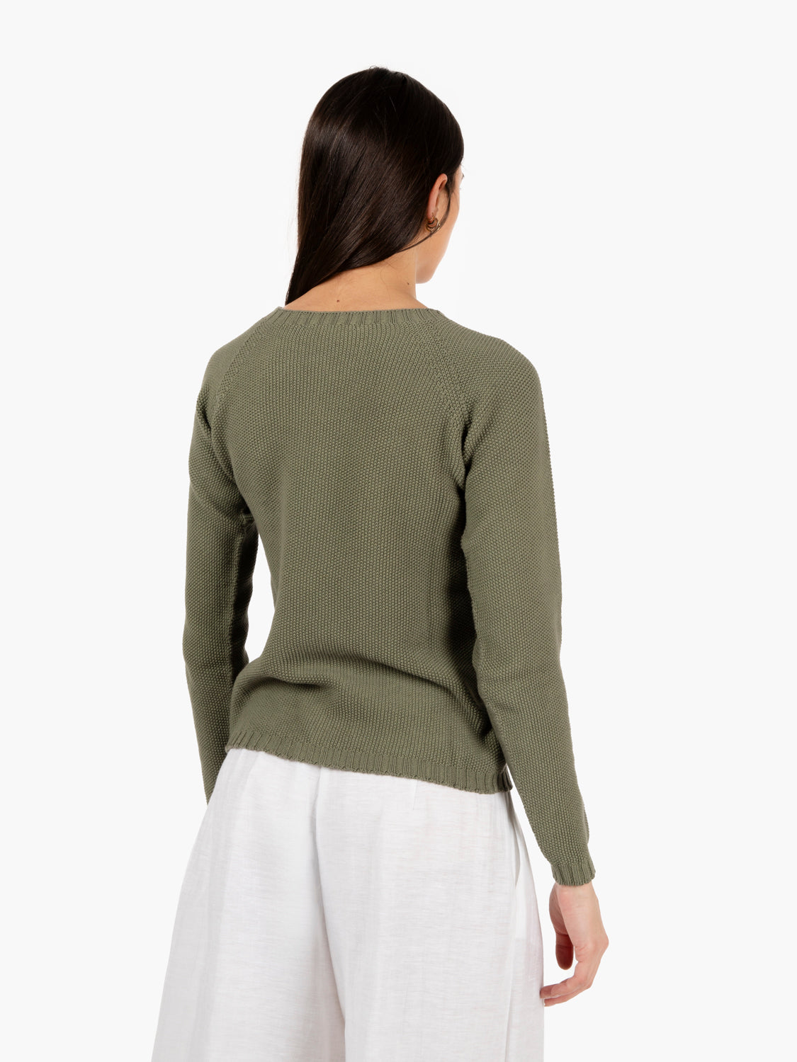 Military green boat neck rice stitch sweater