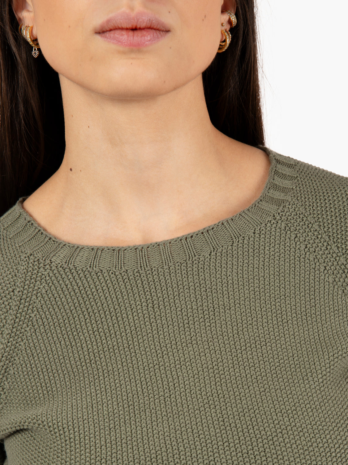 Military green boat neck rice stitch sweater