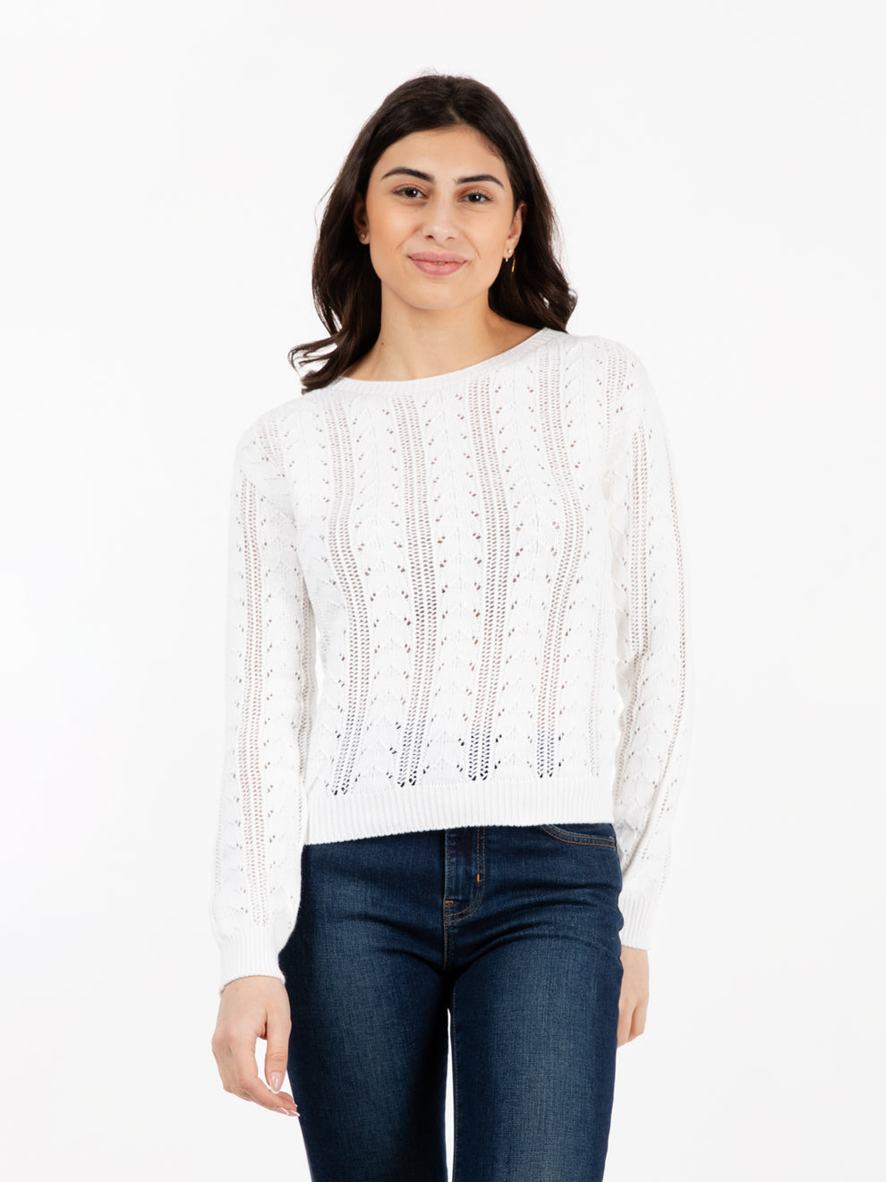 White crew neck openwork sweater