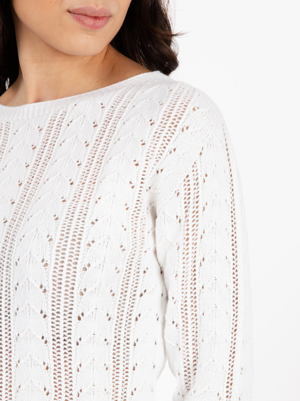 White crew neck openwork sweater
