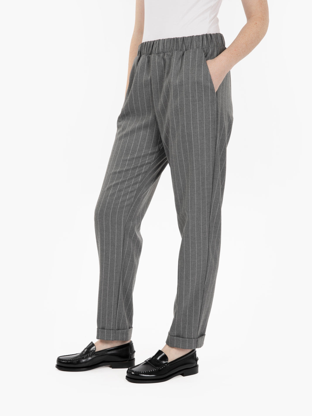 Grey pinstriped cigarette trousers
