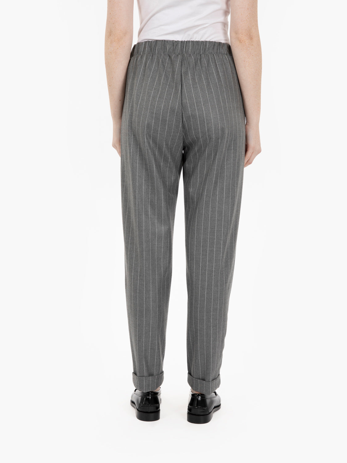 Grey pinstriped cigarette trousers