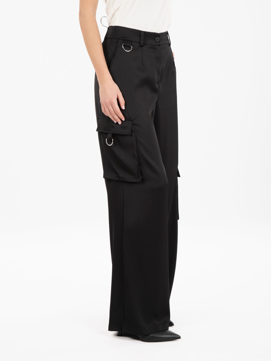 Black Satin Cargo Pants