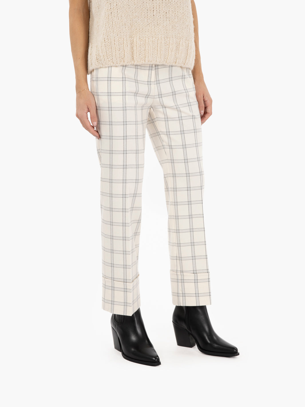 Cream check trousers with turn-ups