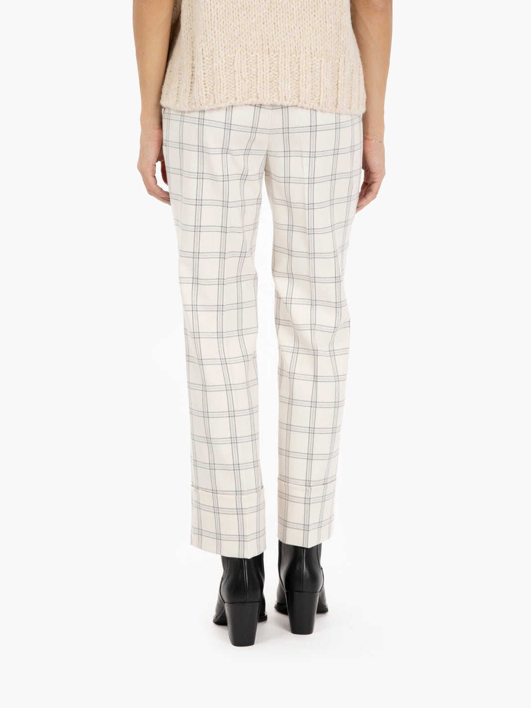 Cream check trousers with turn-ups