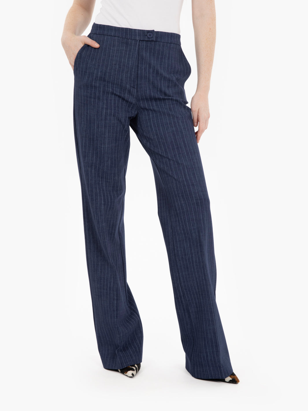 Blue pinstriped straight leg trousers