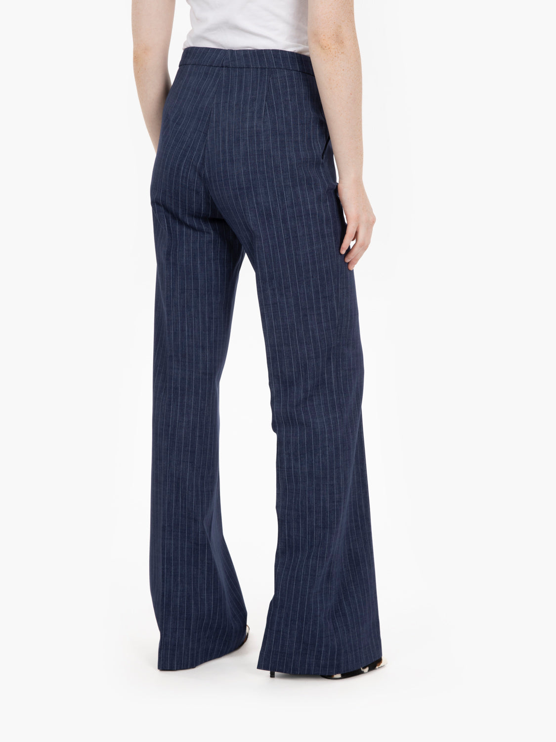 Blue pinstriped straight leg trousers