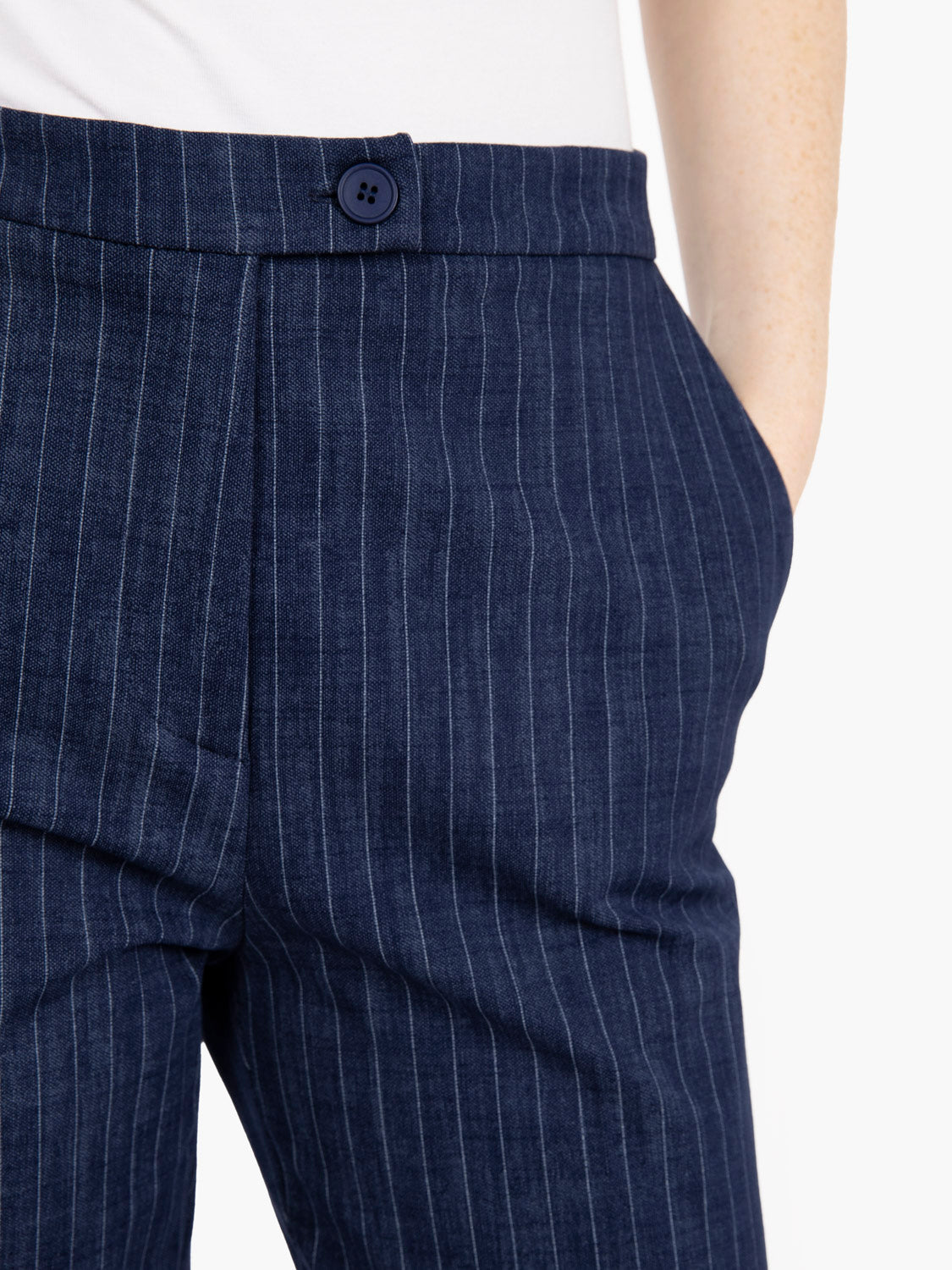 Blue pinstriped straight leg trousers