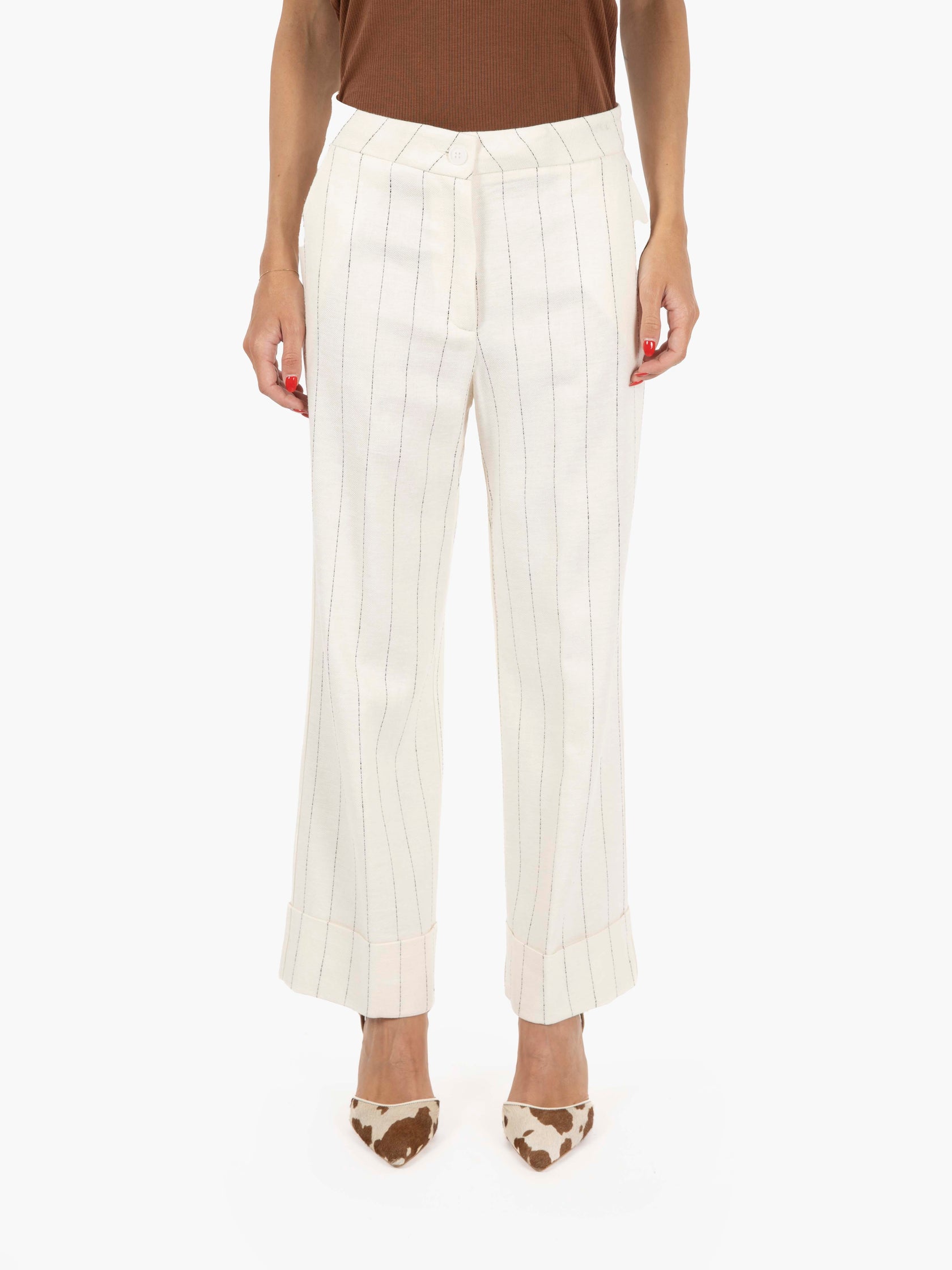 Pantaloni Salonicco straight gessati panna