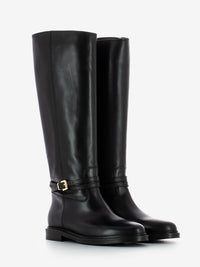 Black leather buckle boots