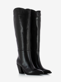 Black leather heeled cowboy boots