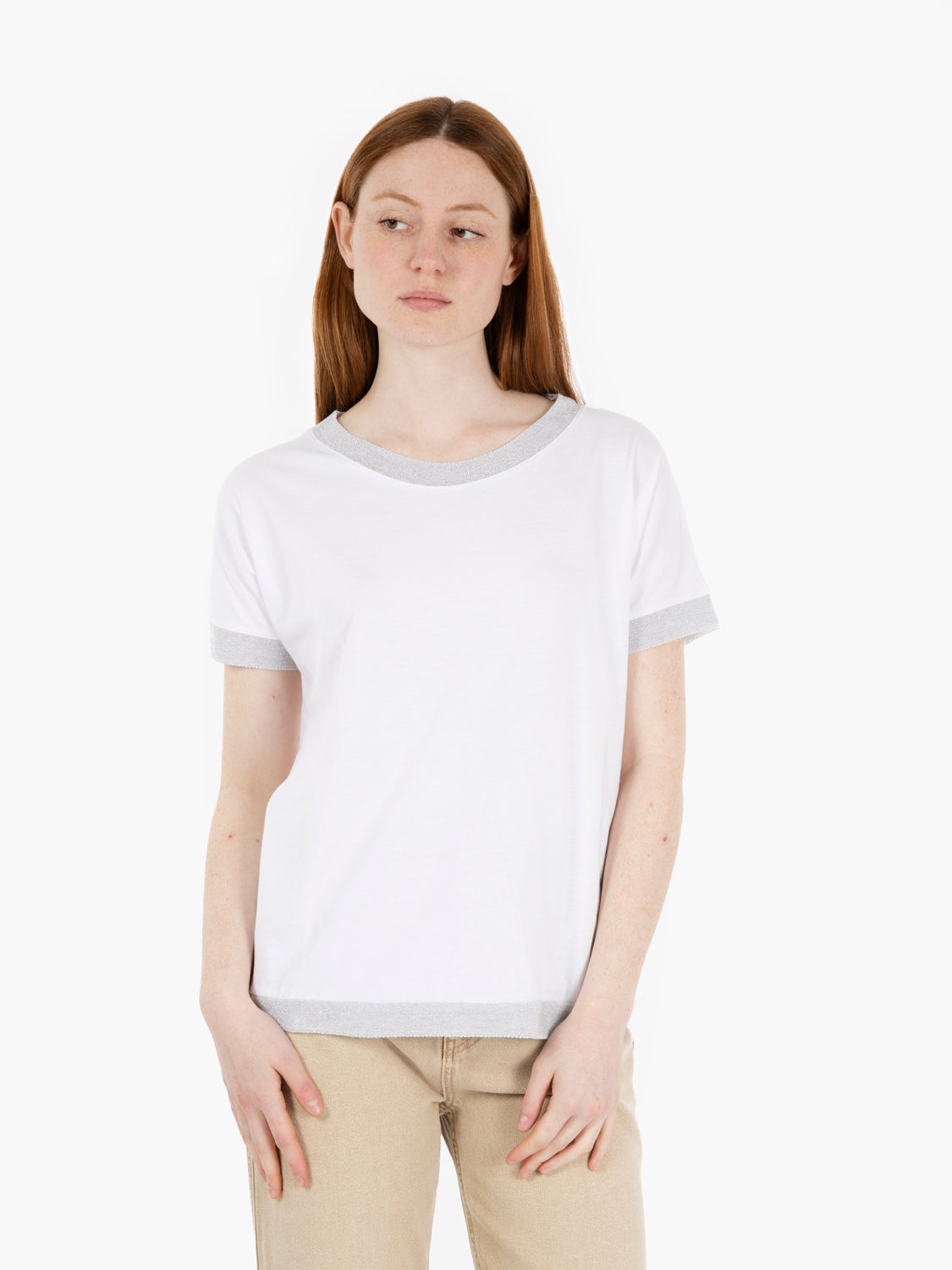 T-shirt con bordi in lurex bianco / argento