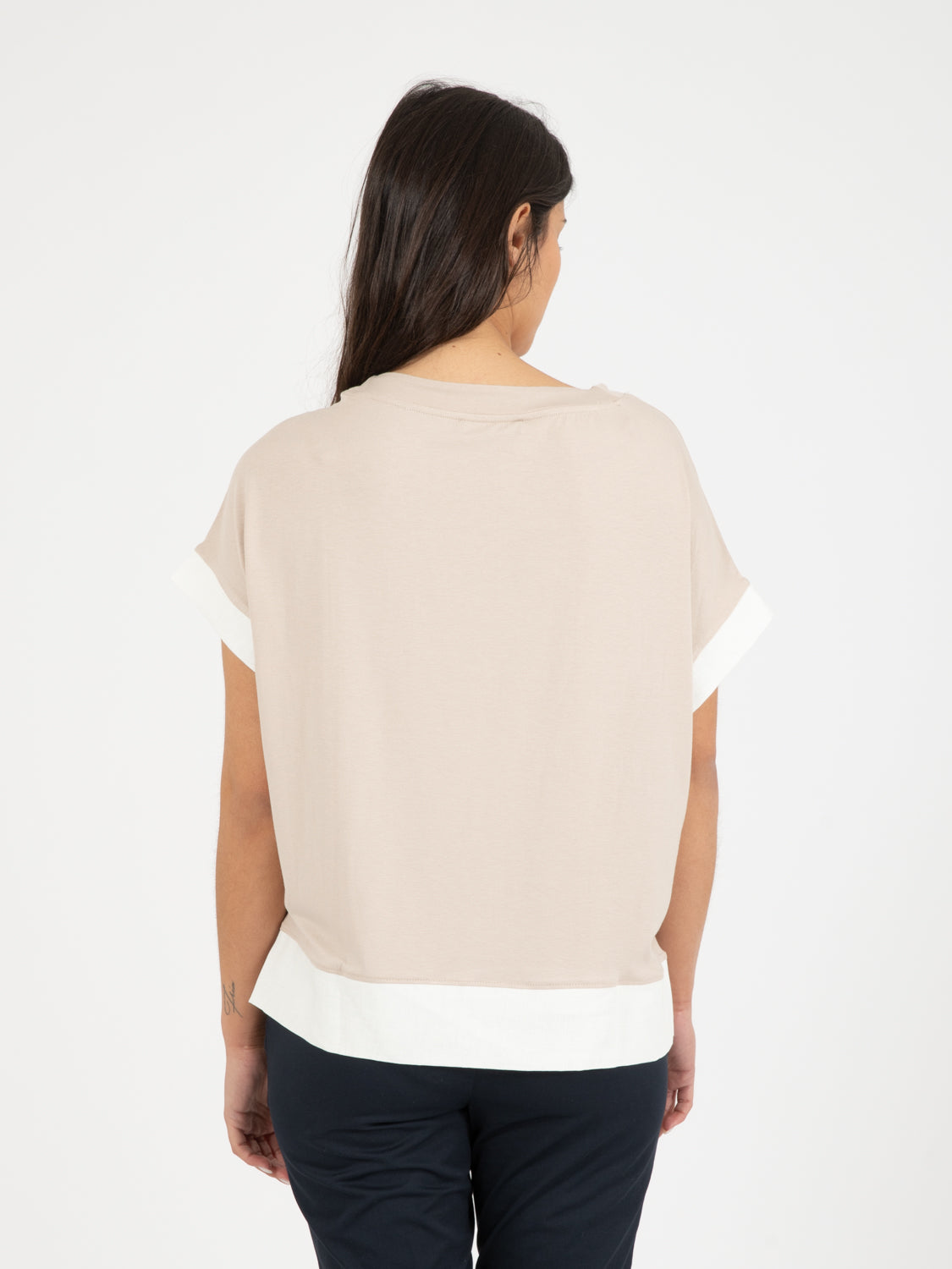 T-Shirt with beige / white linen inserts