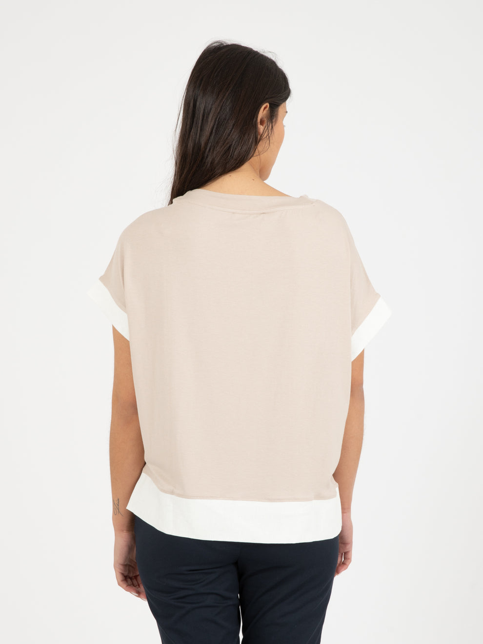 T-Shirt with beige / white linen inserts
