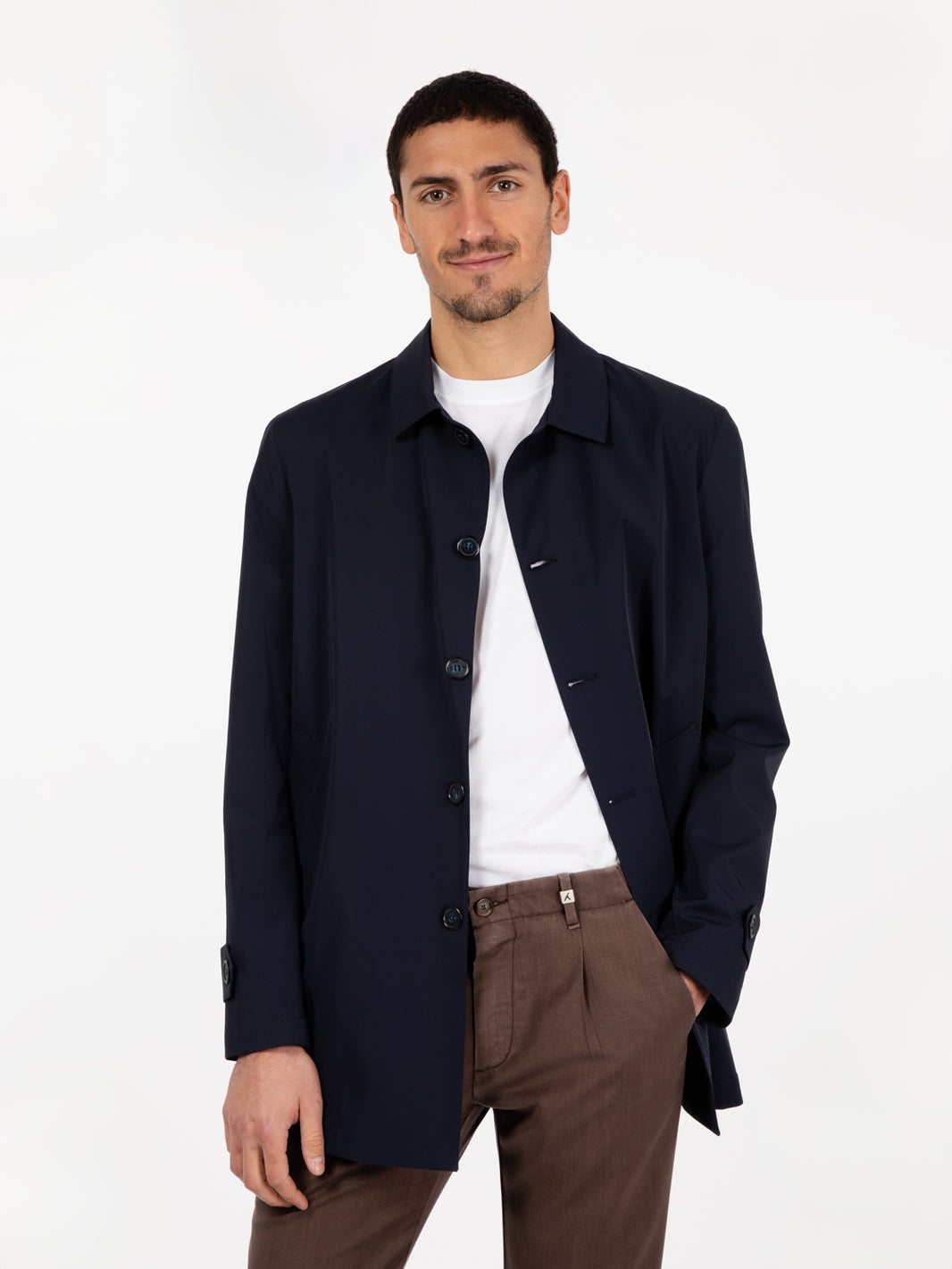 Trench con bottoni impermeabile blu