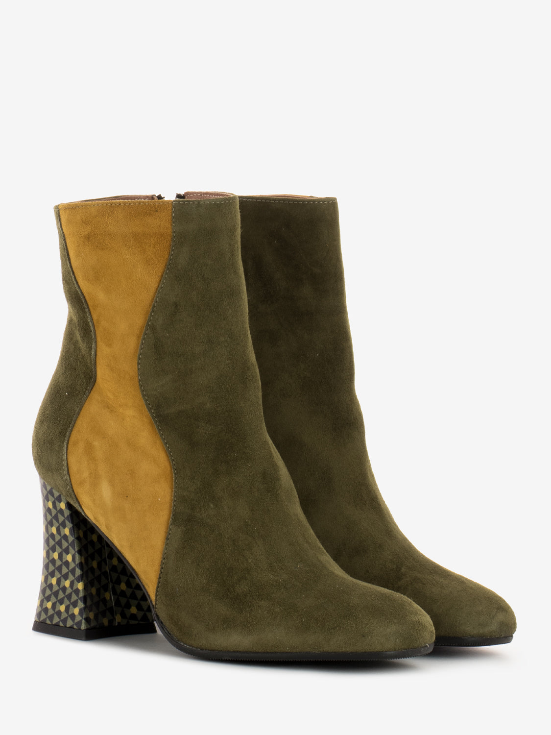 Suede ankle boot with yellow/green patterned heel