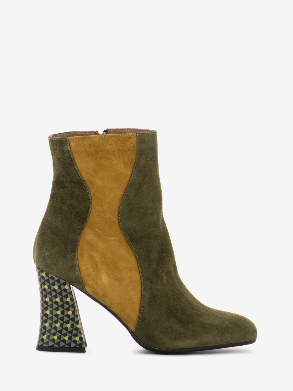 Suede ankle boot with yellow/green patterned heel