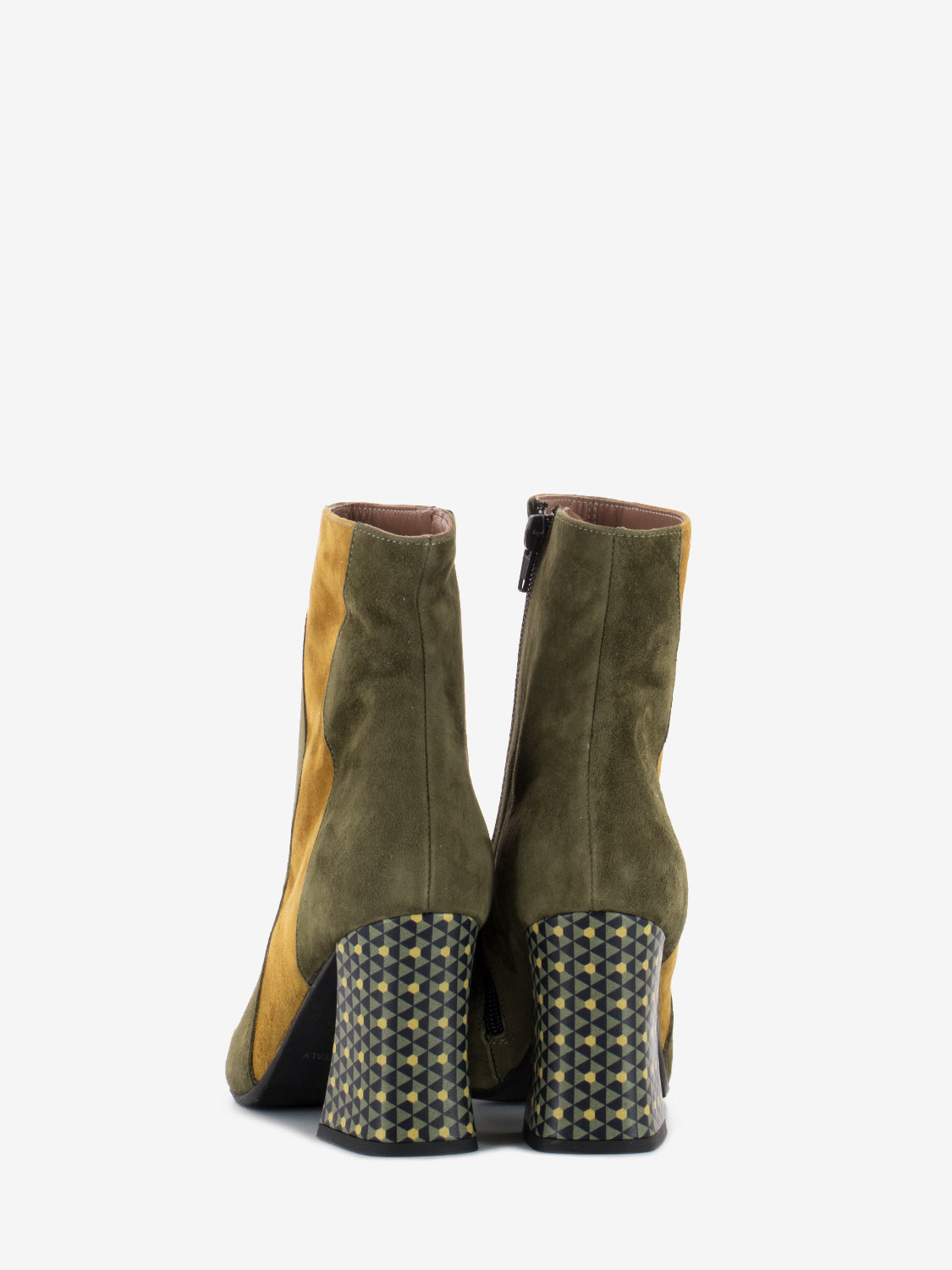 Suede ankle boot with yellow/green patterned heel