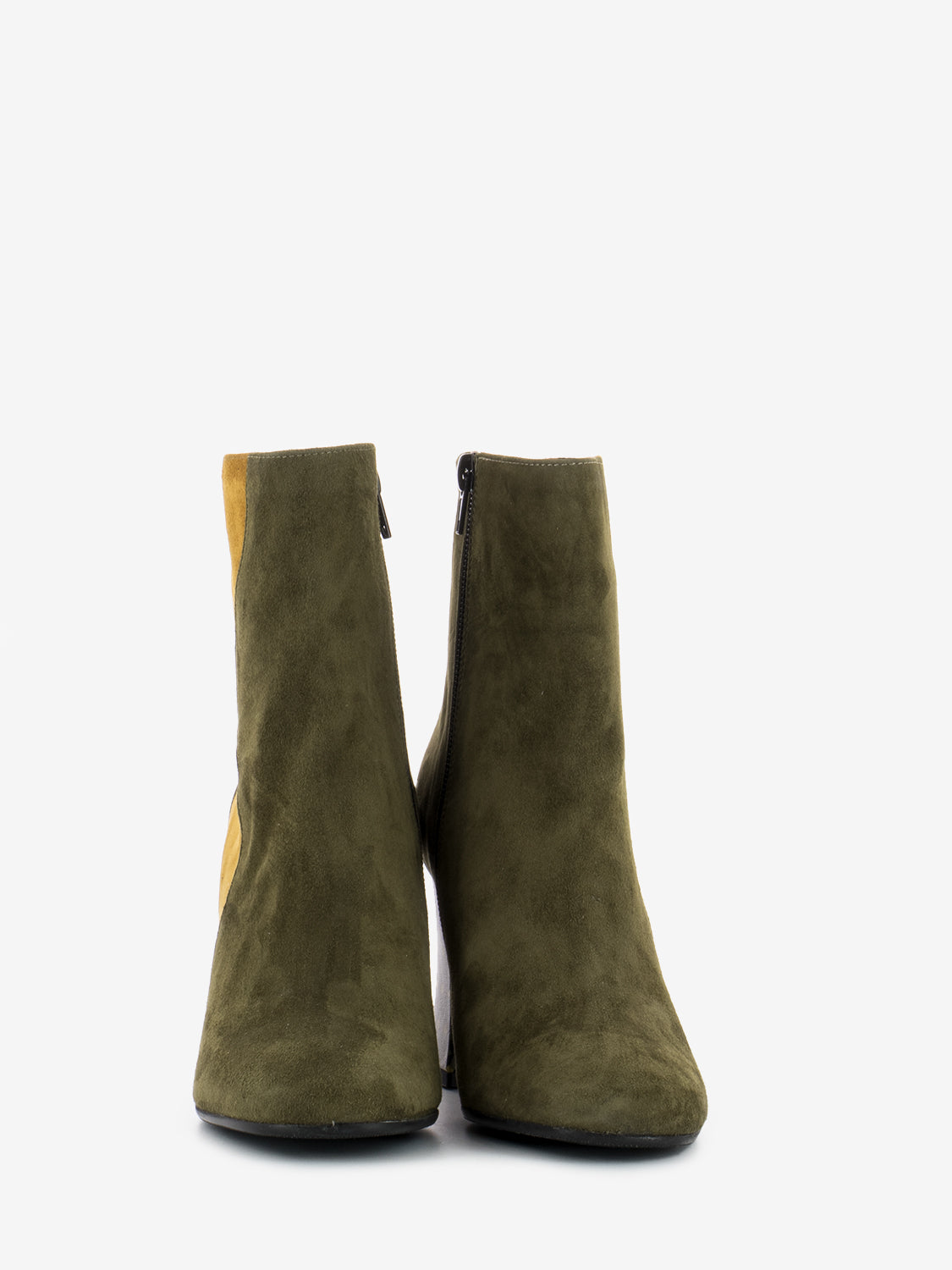 Suede ankle boot with yellow/green patterned heel