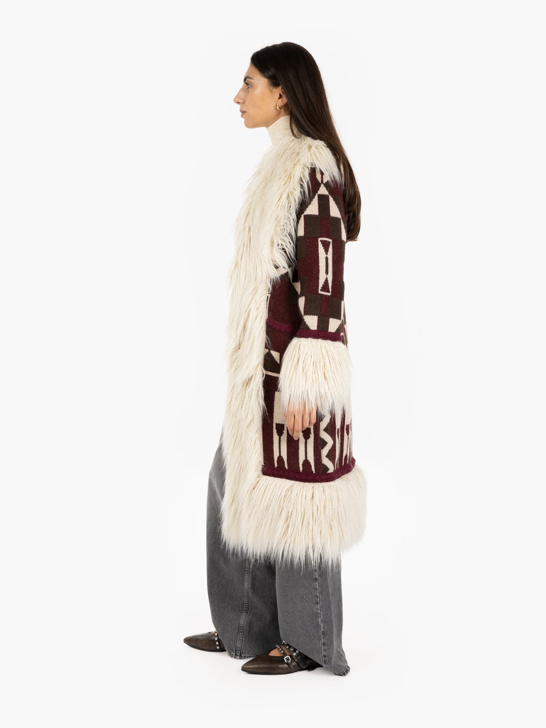 Odetta long coat with burgundy fur