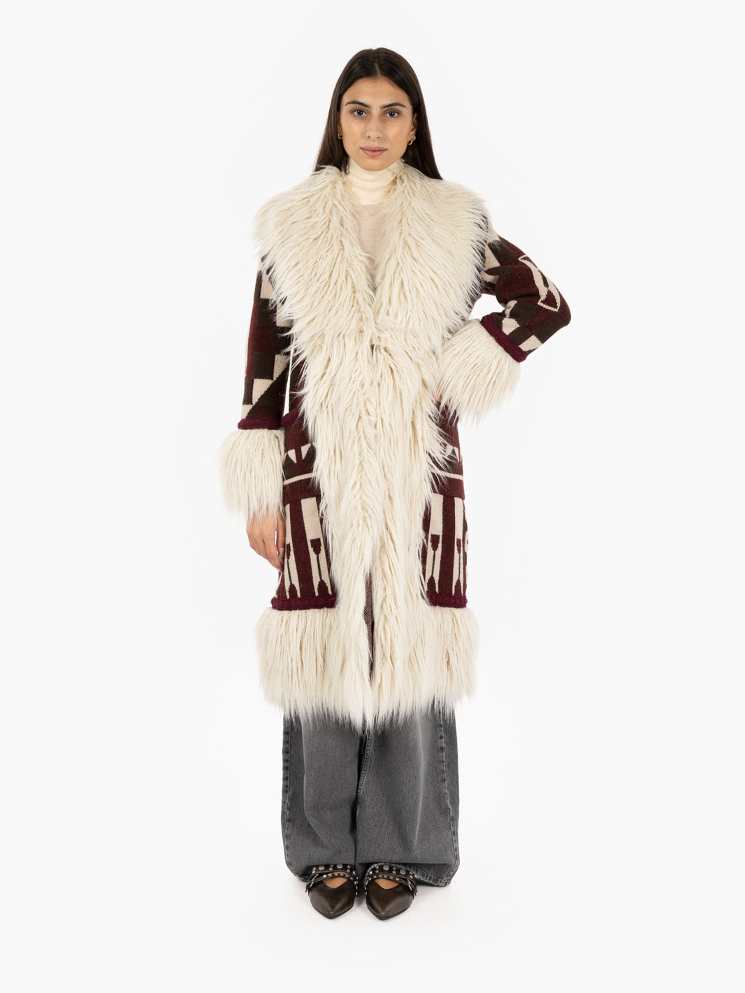 Odetta long coat with burgundy fur