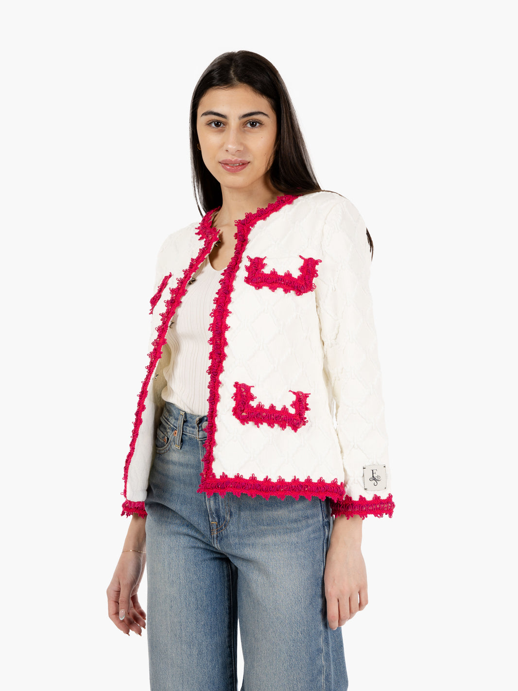 Jacket with embroidered edges white / fuchsia