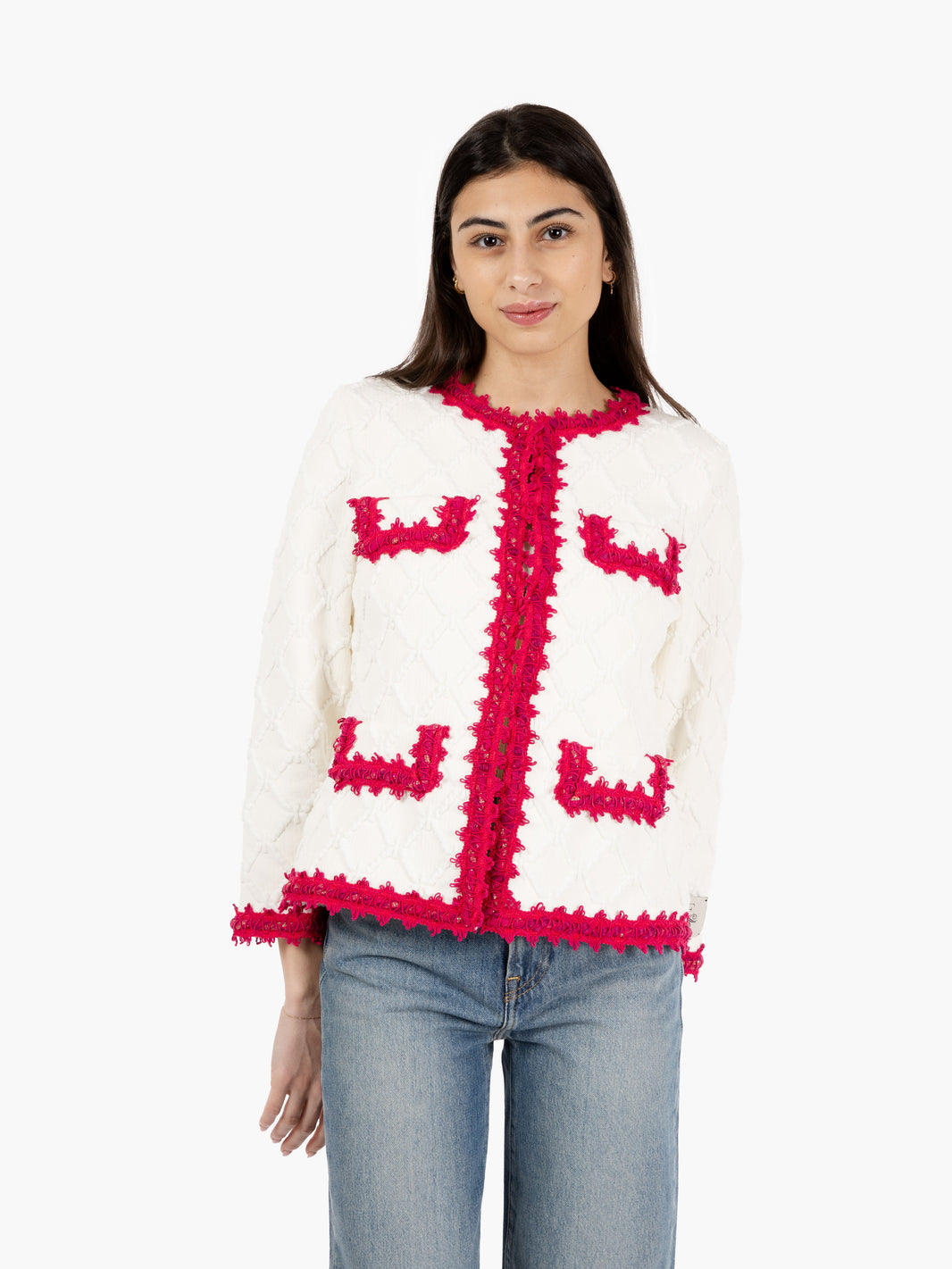 Jacket with embroidered edges white / fuchsia