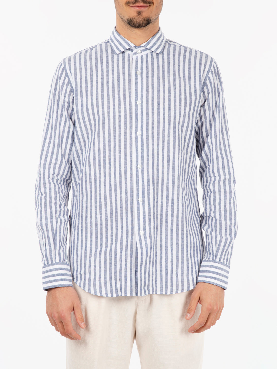 Camicia in lino a righe blu / bianco