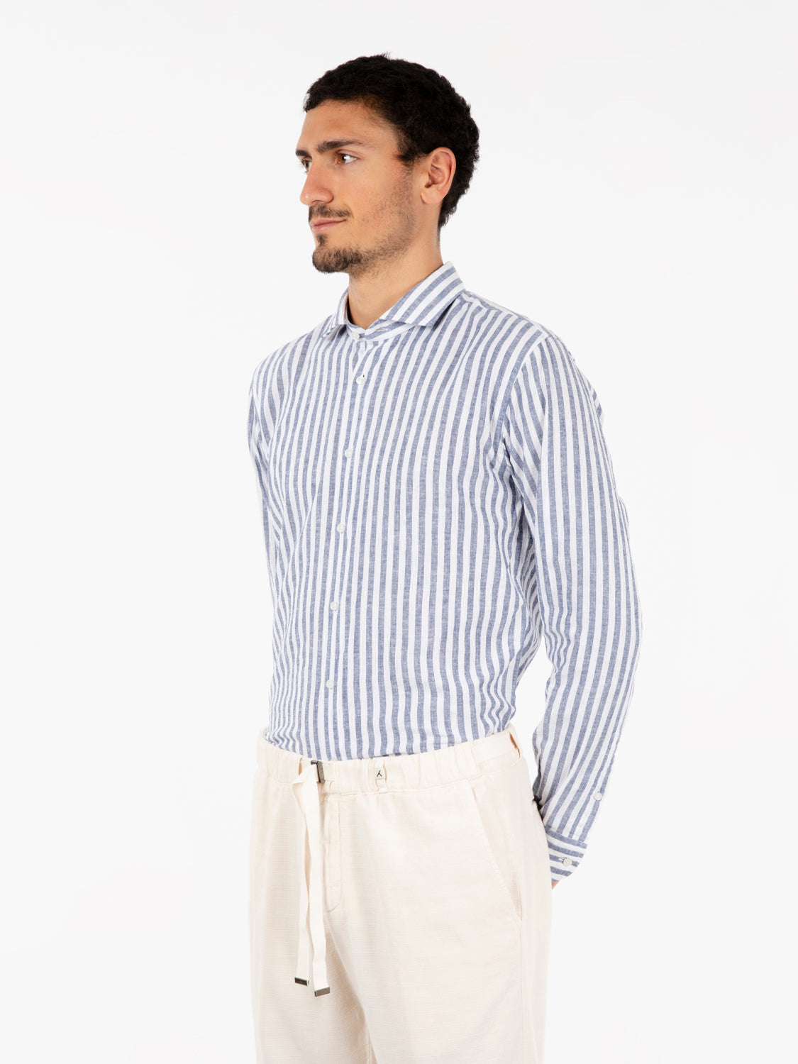 Camicia in lino a righe blu / bianco