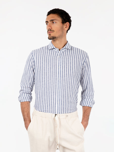 Camicia in lino a righe blu / bianco