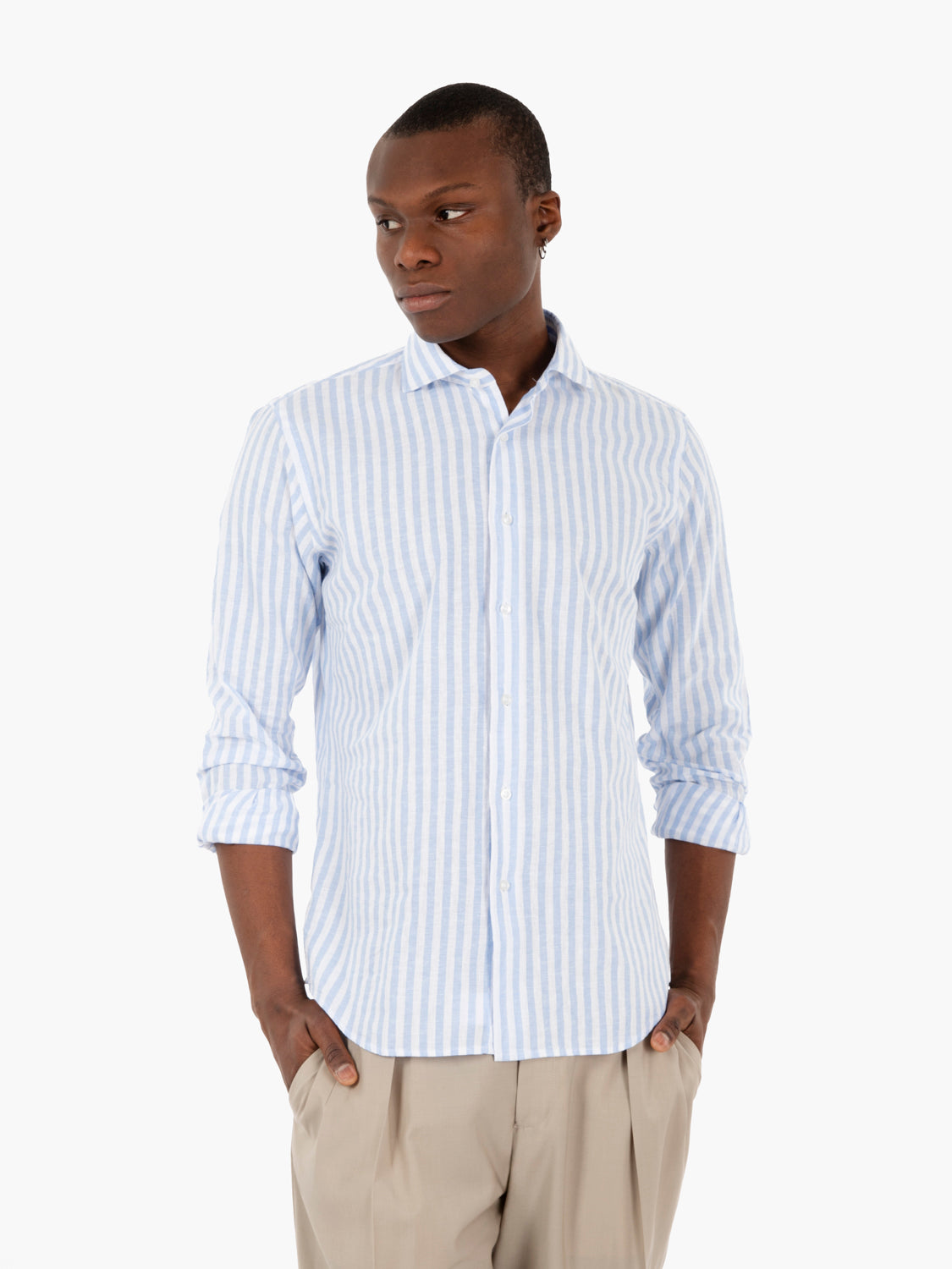 Camicia in lino a righe grosse blu / bianco