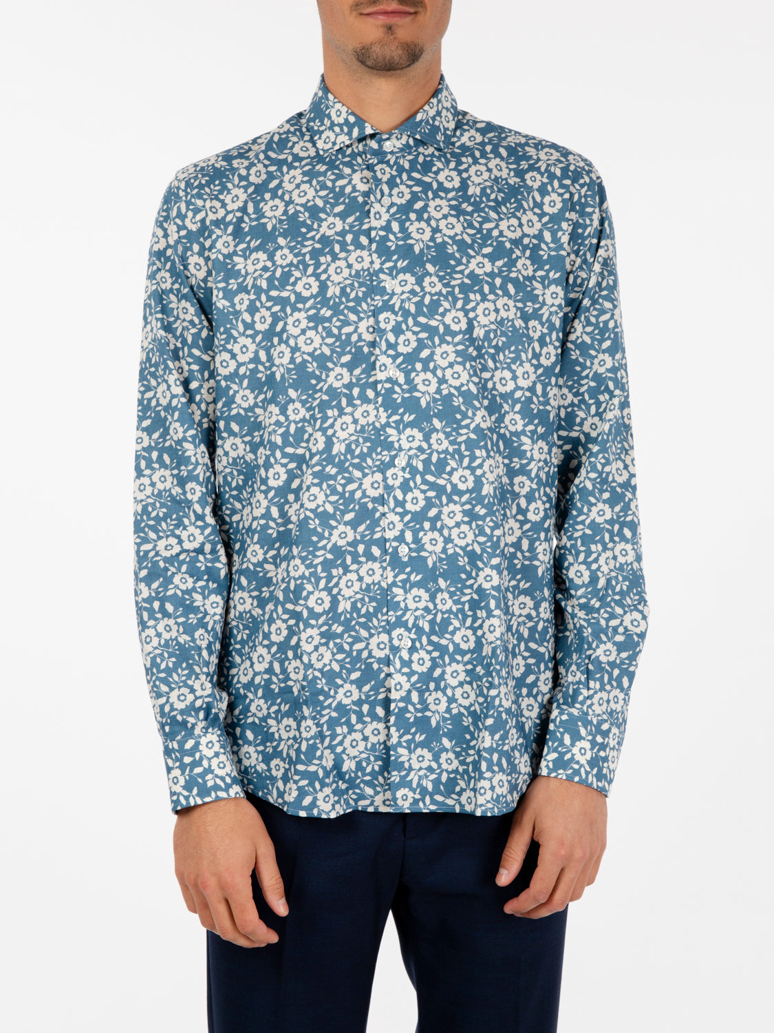 Blue floral patterned linen and viscose shirt