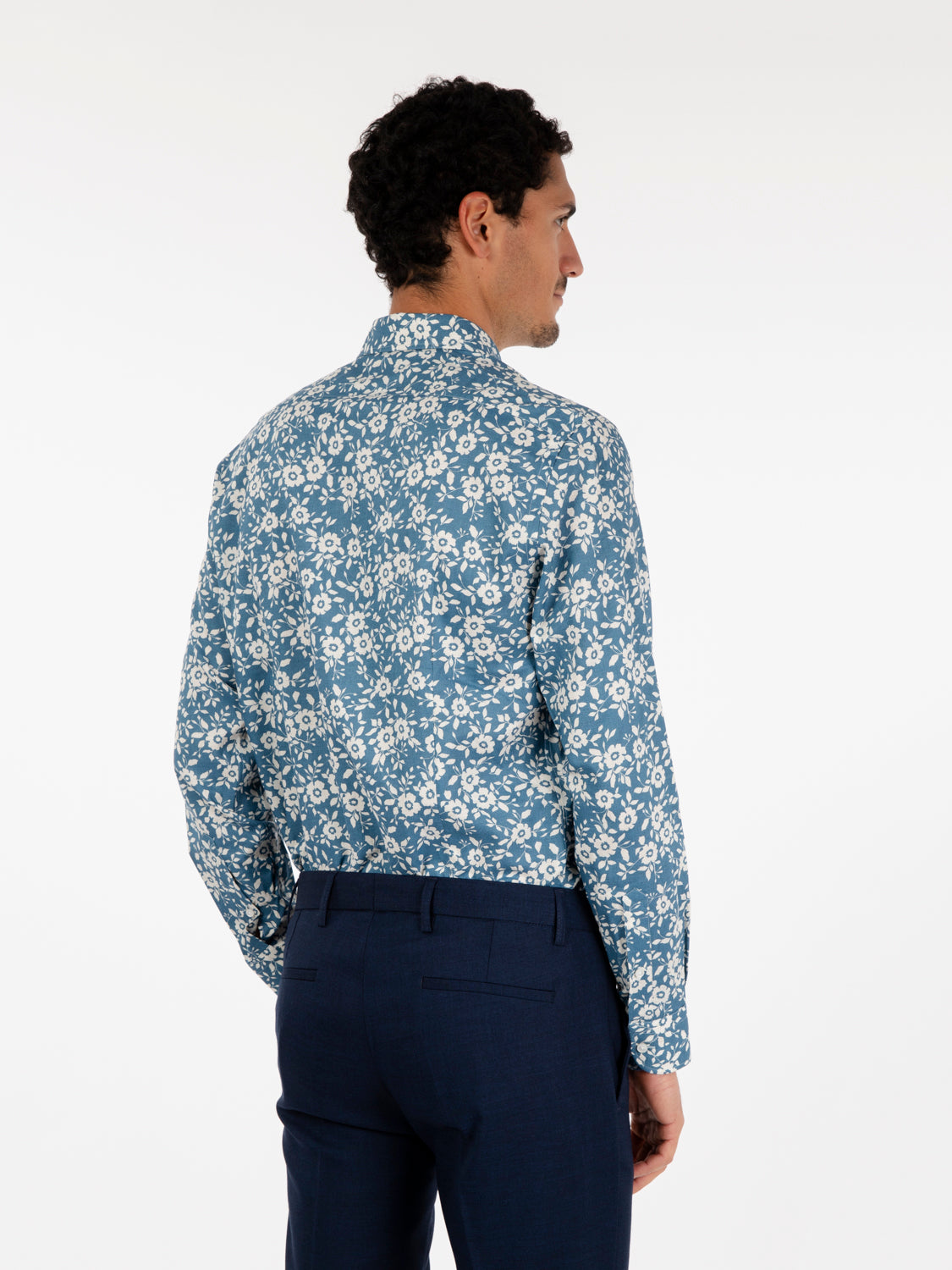 Blue floral patterned linen and viscose shirt