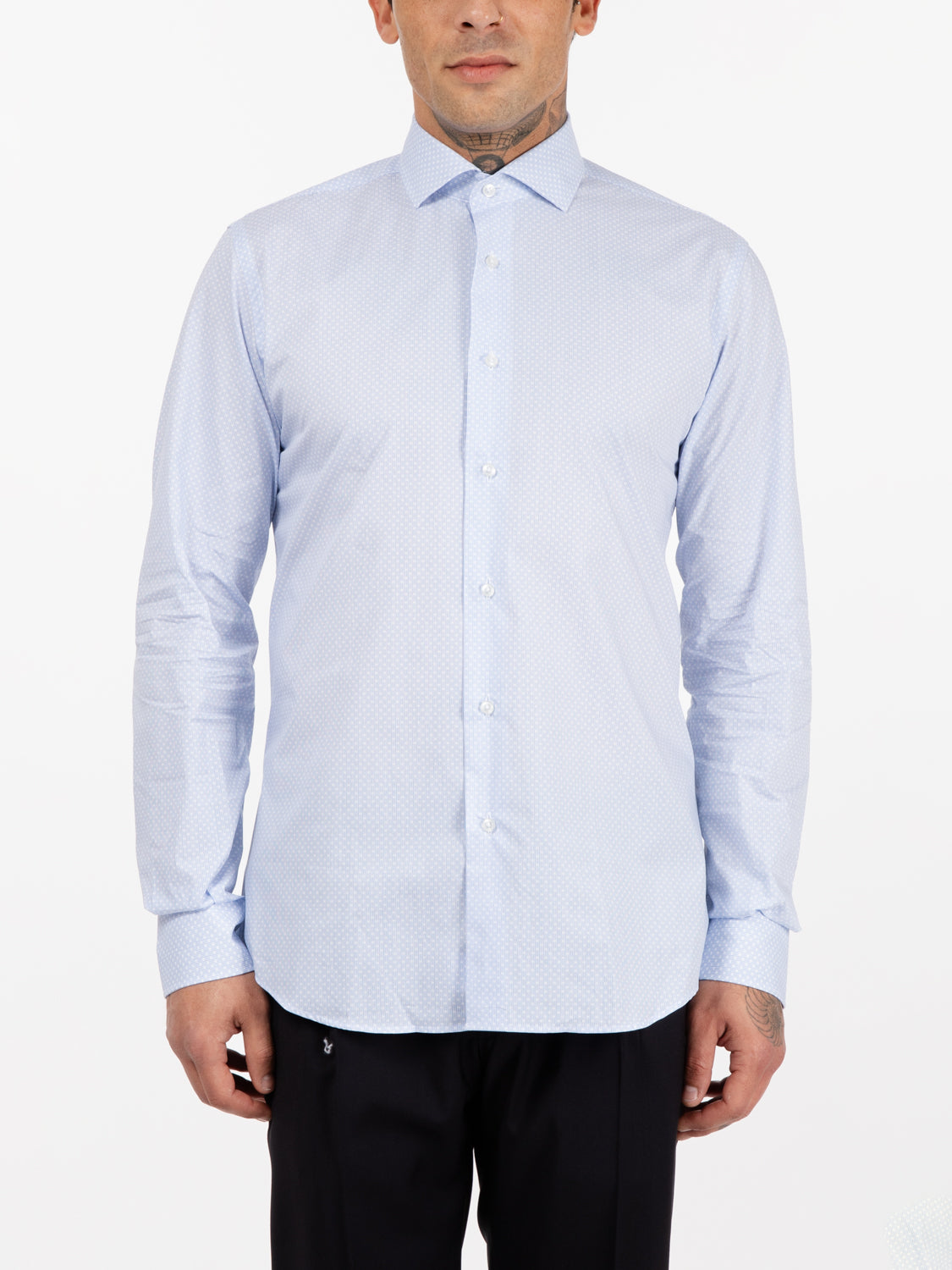 White/light blue micro polka dot shirt
