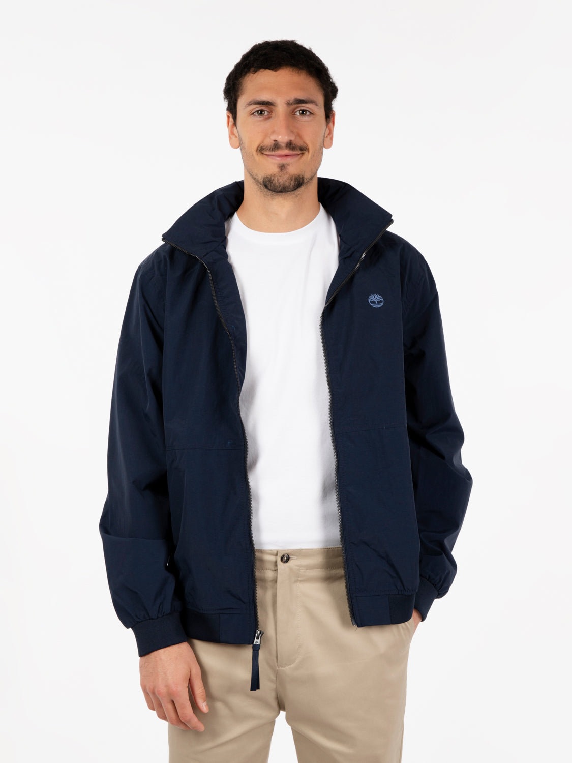 Water resistant dark sapphire bomber jacket